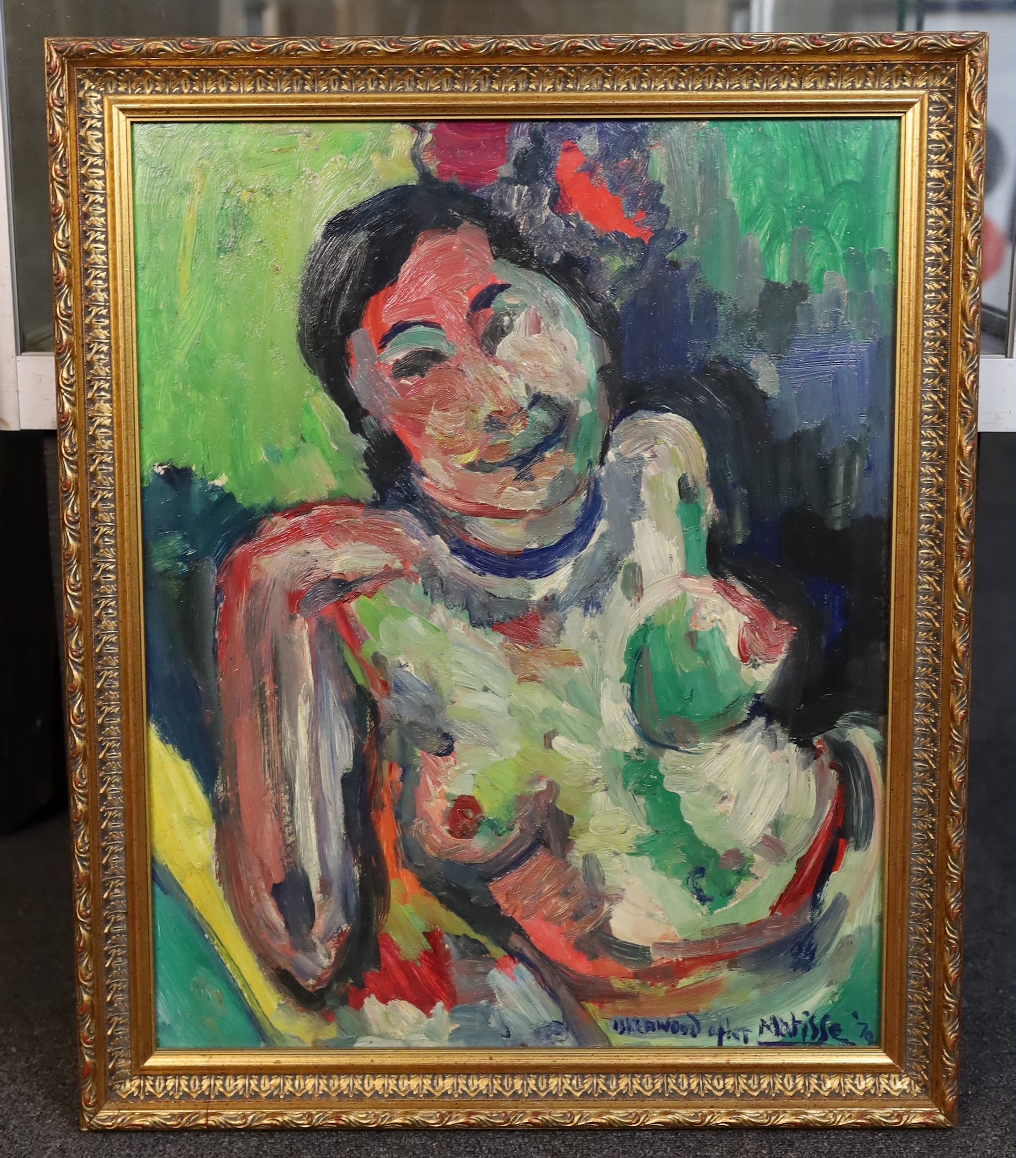 James Lawrence Isherwood (British, 1917- 1989) after Matisse, Female nude, oil on board, 49 x 39cm